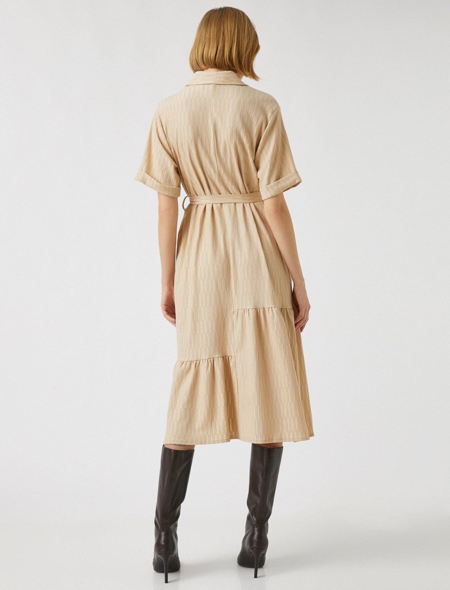 Button Front Belted Shirt Dress in Beige - Usolo Outfitters Button Front Belted Shirt Dress in Beige - Usolo Outfitters