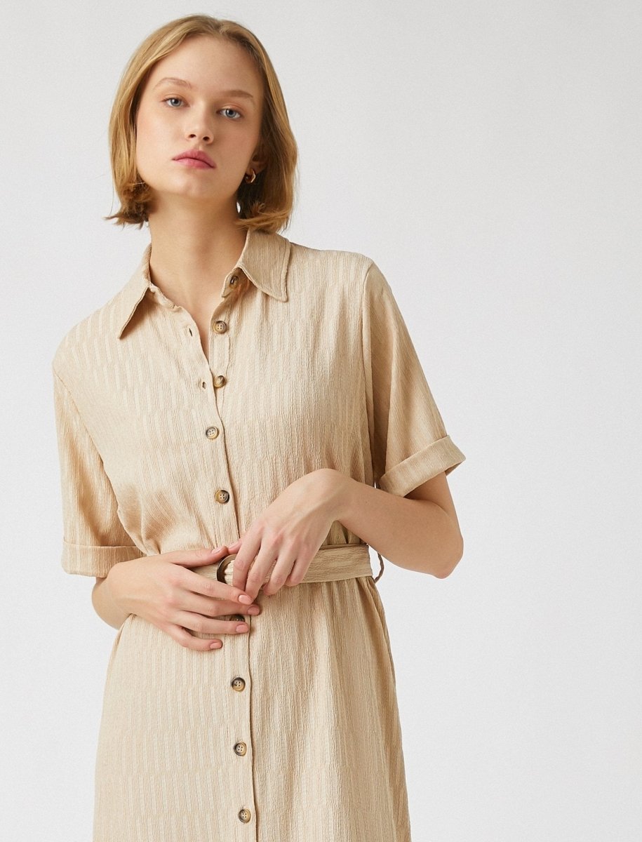 Button Front Belted Shirt Dress in Beige Button Front Belted Shirt Dress in Beige