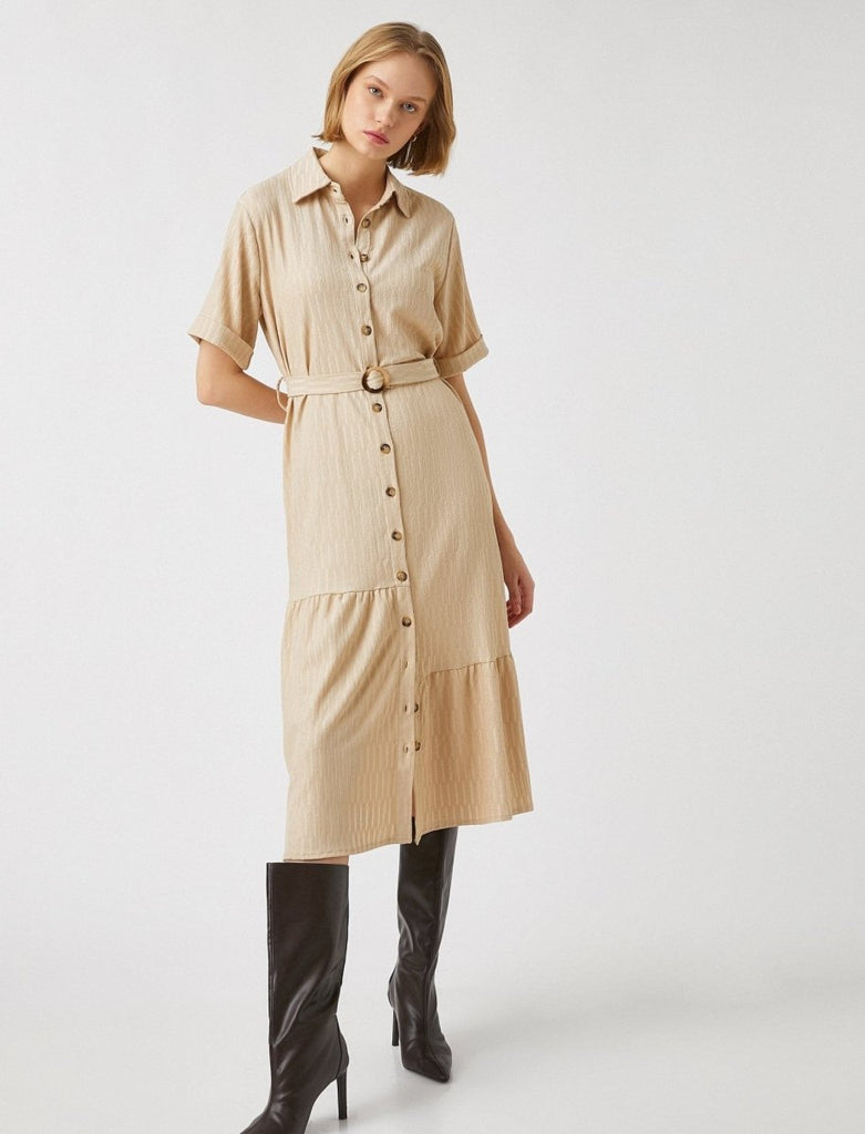 Button Front Belted Shirt Dress in Beige