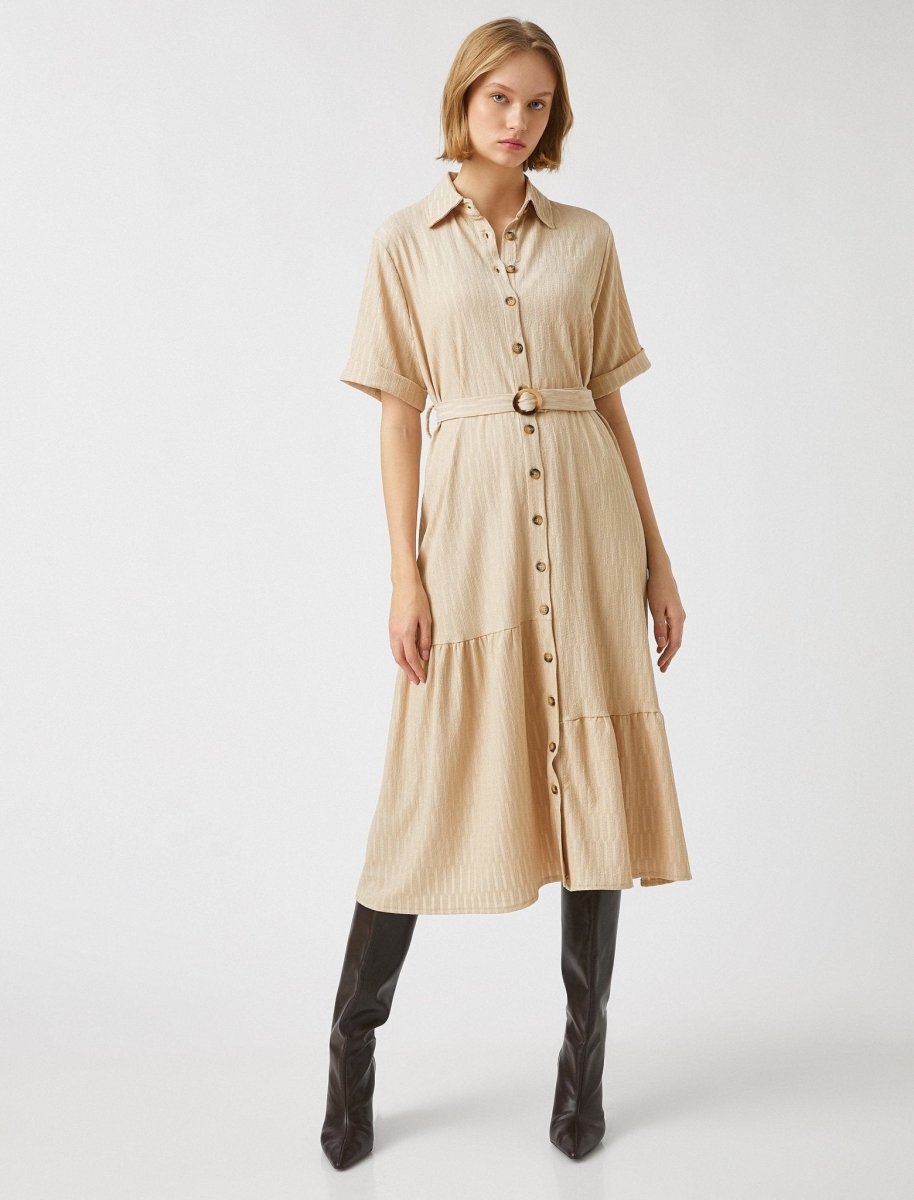 Button Front Belted Shirt Dress in Beige - Usolo Outfitters-KOTON