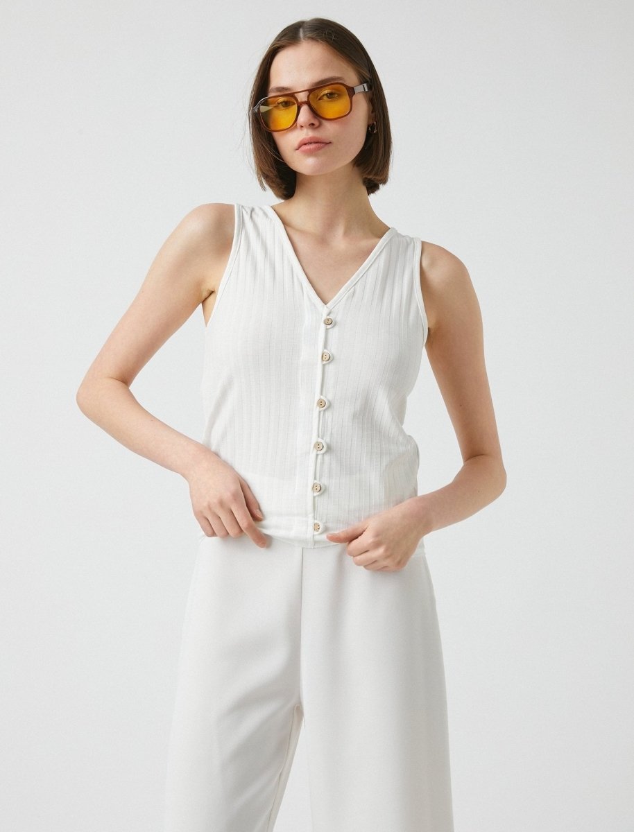 Buttoned Ribbed V Neck Cami in White - Usolo Outfitters-KOTON