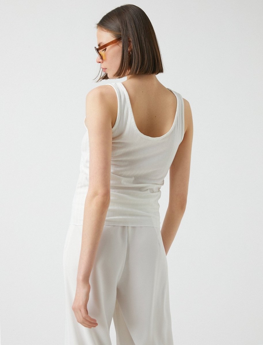 Buttoned Ribbed V Neck Cami in White - Usolo Outfitters-KOTON
