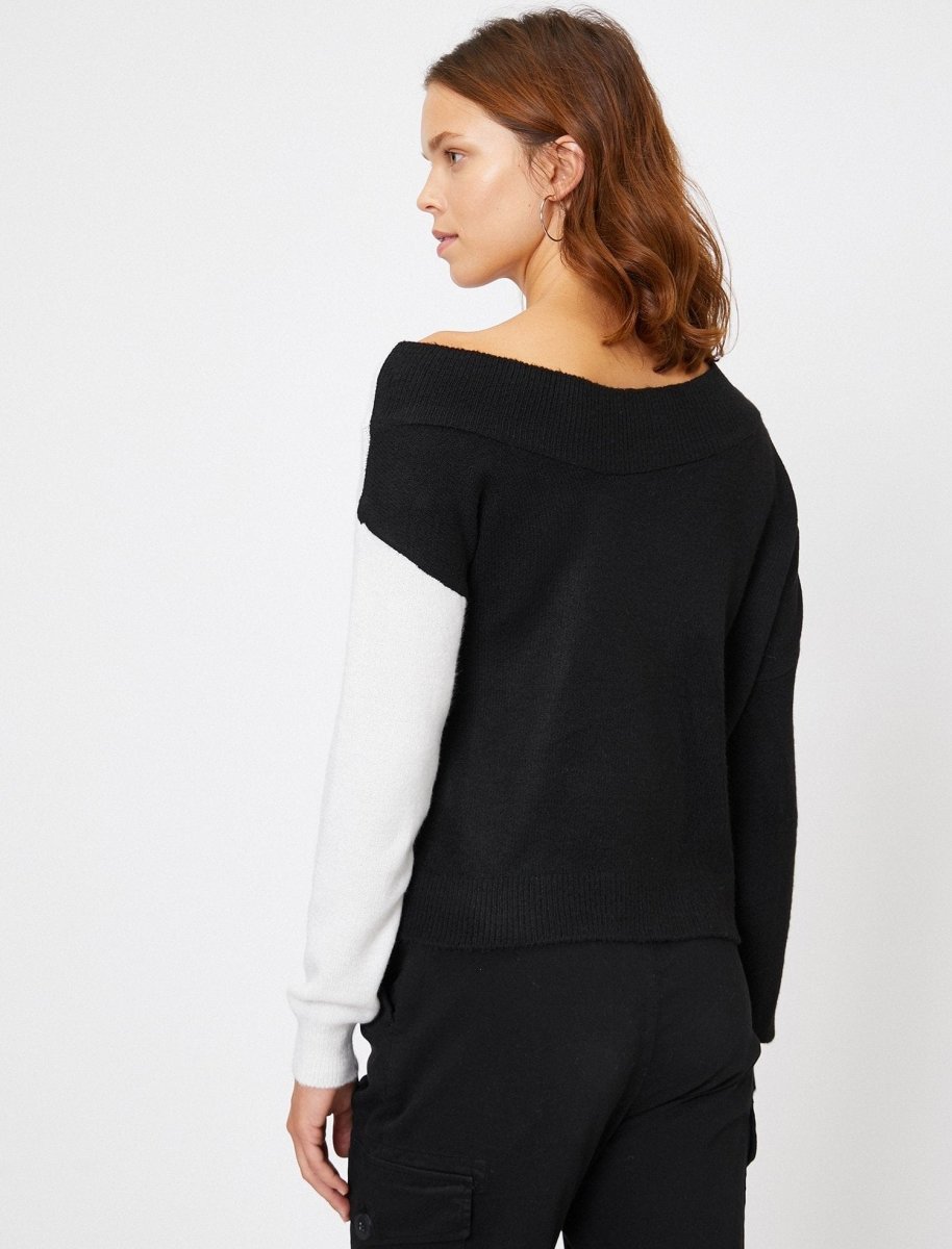 Color Blocked Boat Neck Sweater in White - Usolo Outfitters-KOTON