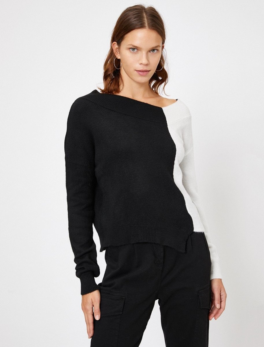 Color Blocked Boat Neck Sweater in White - Usolo Outfitters-KOTON