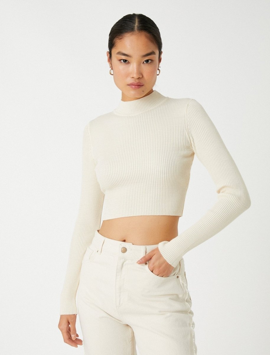 Crop Mock Neck Sweater in White Usolo Outfitters