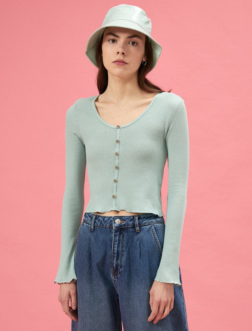 Crop Waffle Cardi in Teal Green - Usolo Outfitters-KOTON