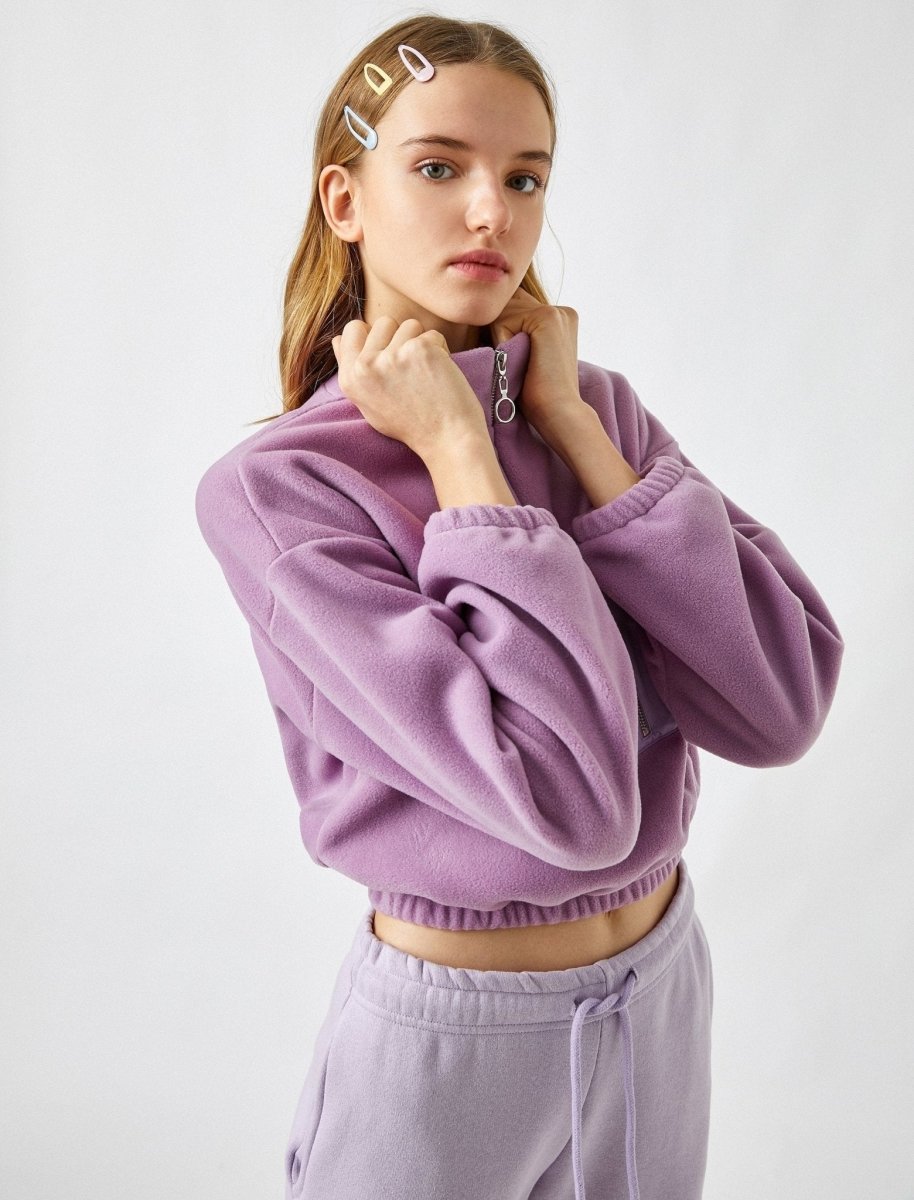 Cropped Half-Zip Fleece Sweatshirt in Lilac - Usolo Outfitters-KOTON