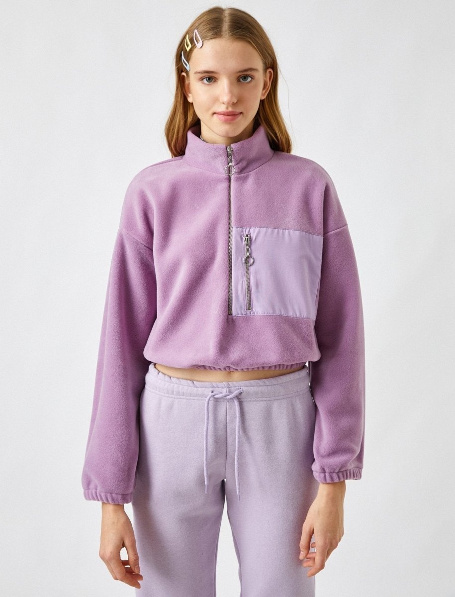 Cropped Half-Zip Fleece Sweatshirt in Lilac - Usolo Outfitters-KOTON
