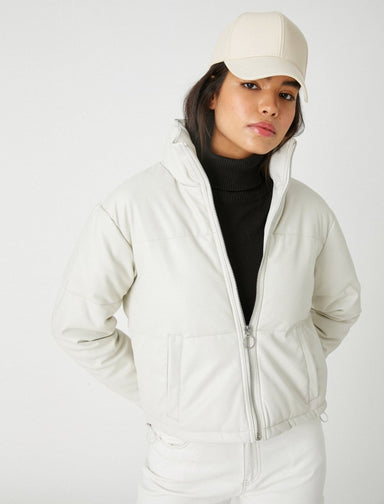 Cropped Leather Puffer Jacket in Beige - Usolo Outfitters-KOTON