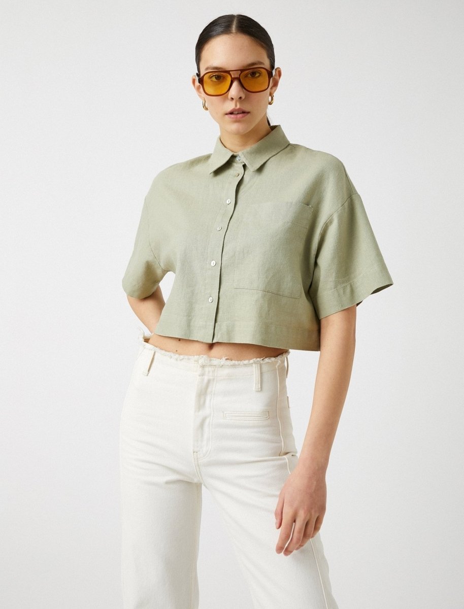 Cropped Linen Button Up Shirt in Sage - Usolo Outfitters-KOTON