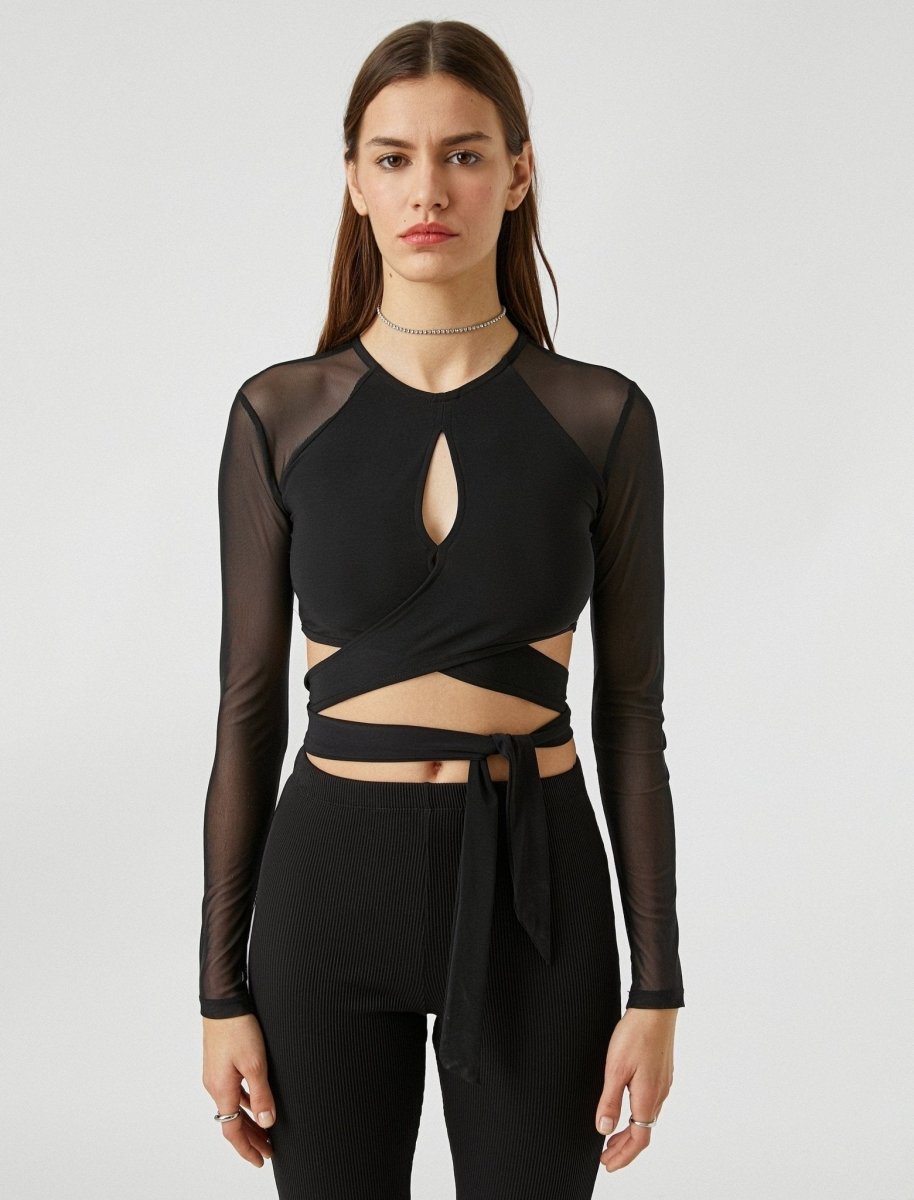 Cut Out Mesh Criss Cross Top in Black - Usolo Outfitters-KOTON