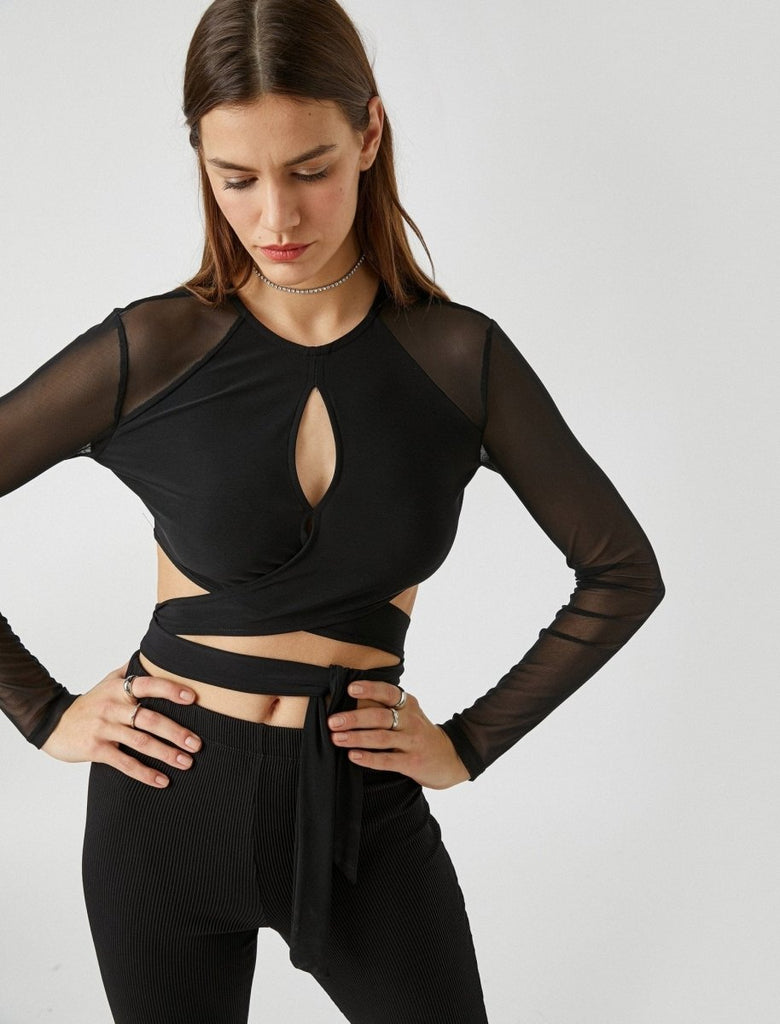Cut Out Mesh Criss Cross Top in Black - Usolo Outfitters