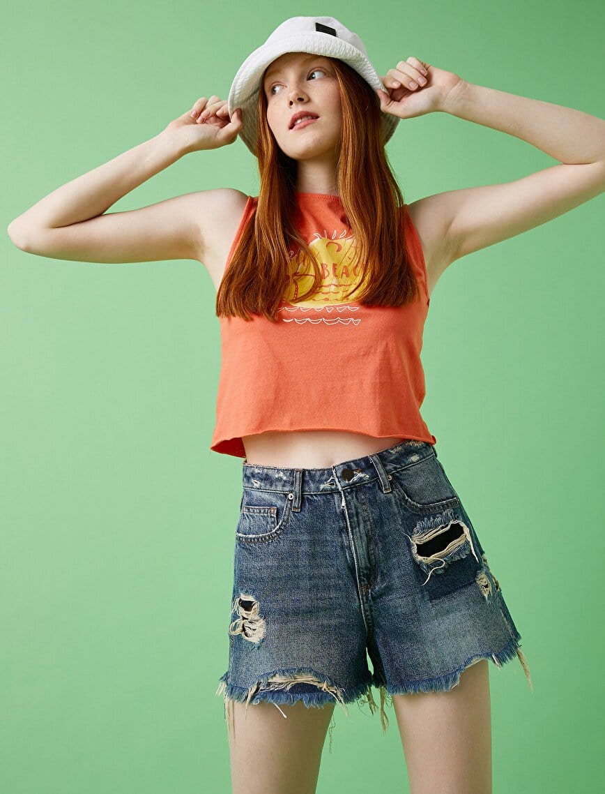 Destructed Denim Shorts in Medium Wash - Usolo Outfitters-KOTON