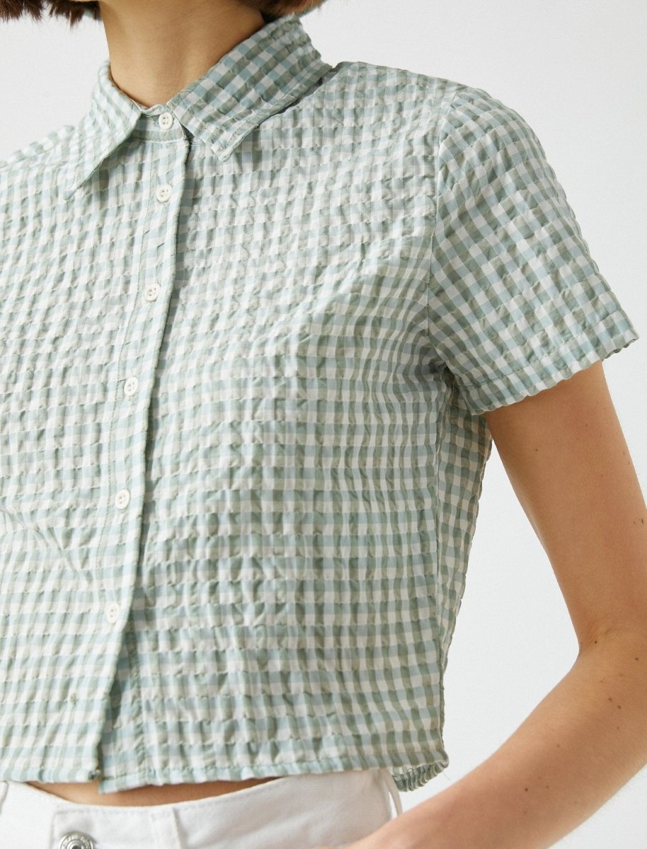 Fitted Crop Button Up Shirt in Green Gingham - Usolo Outfitters-KOTON