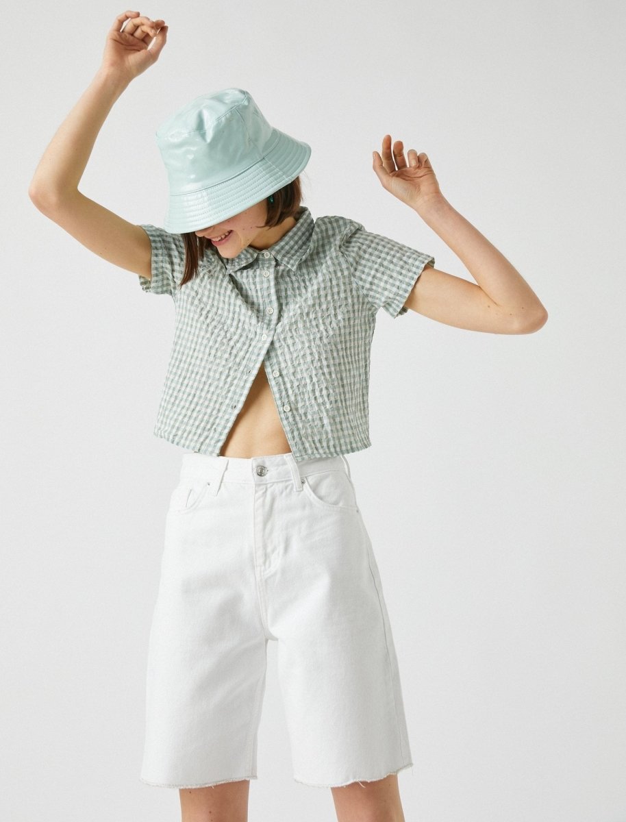 Fitted Crop Button Up Shirt in Green Gingham - Usolo Outfitters-KOTON