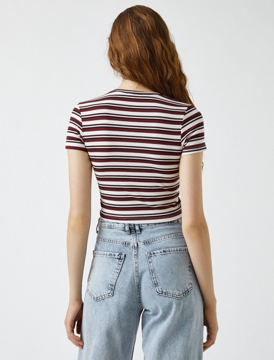 Fitted Crop T-Shirt in Burgundy Stripes - Usolo Outfitters-KOTON