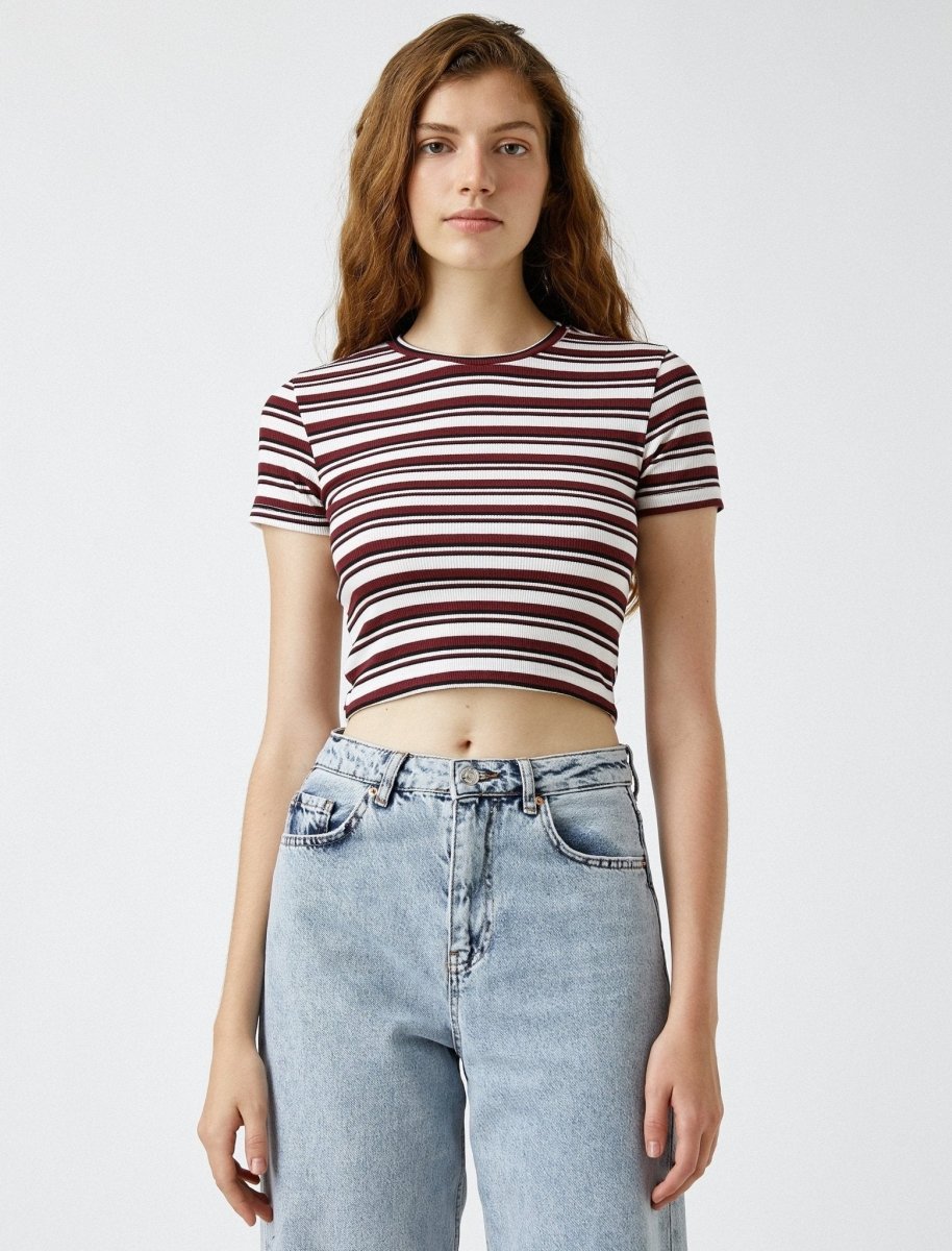 Fitted Crop T-Shirt in Burgundy Stripes - Usolo Outfitters