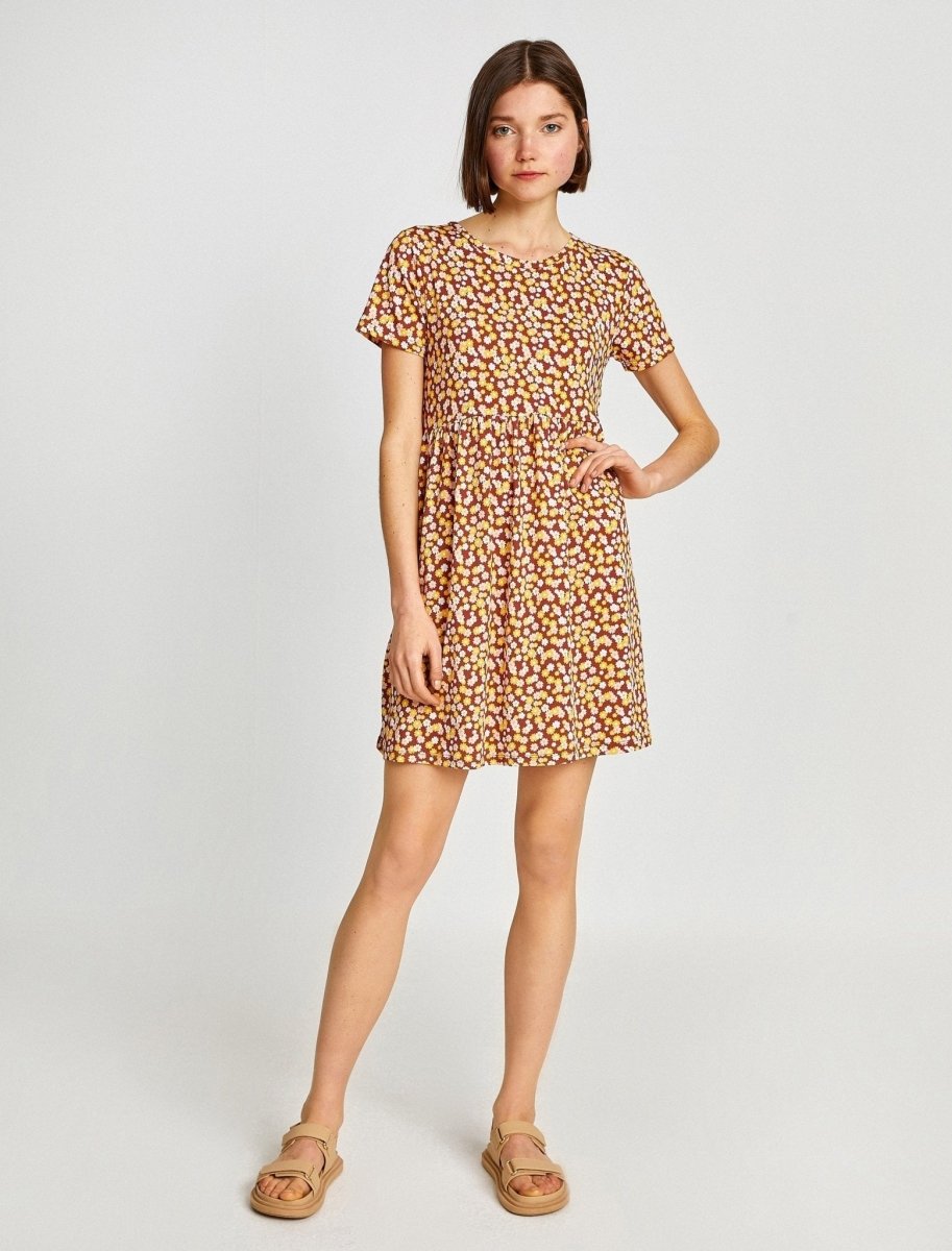 Floral Mini T-Shirt Summer Dress in Brown - Usolo Outfitters-KOTON