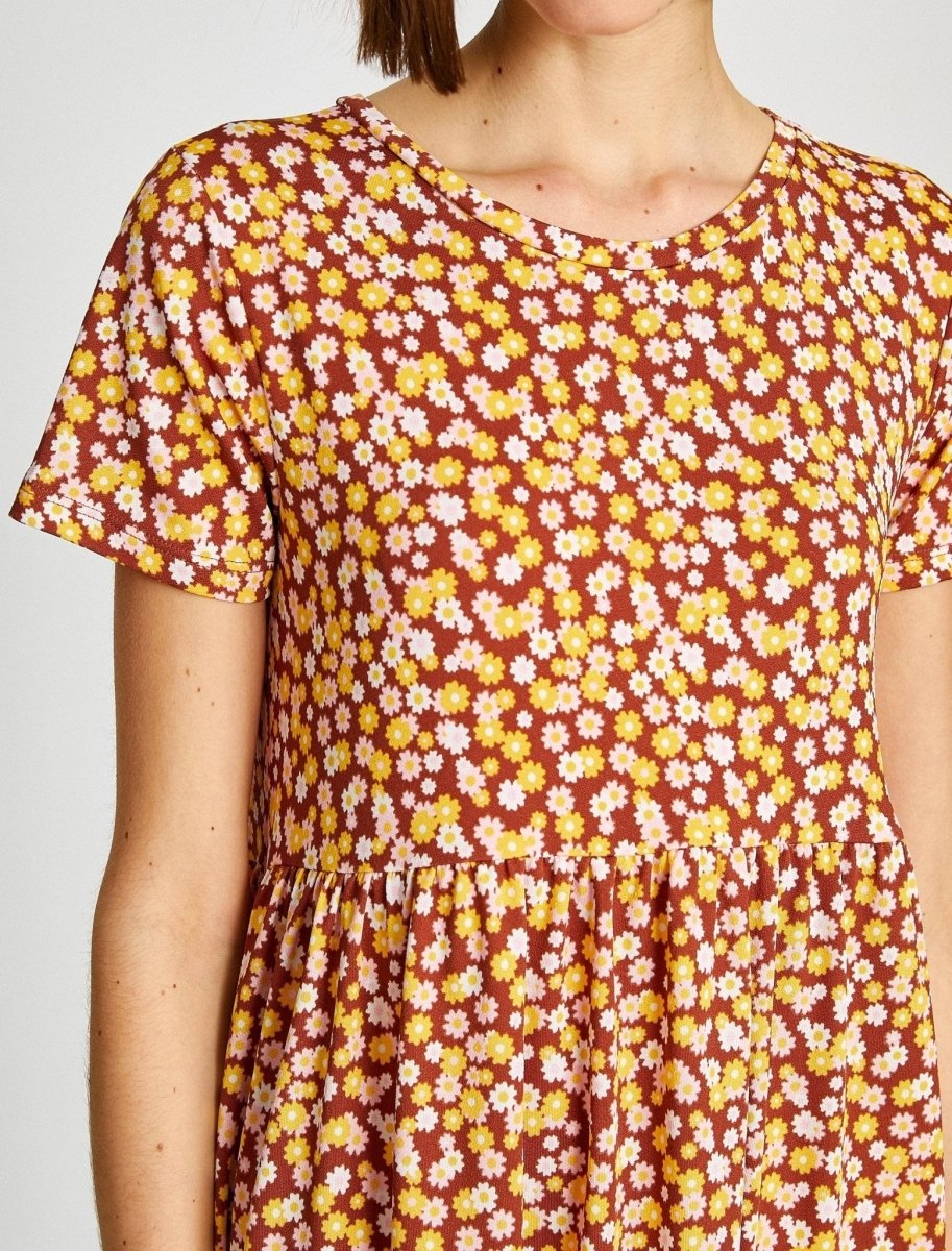Floral Mini T-Shirt Summer Dress in Brown Floral Mini T-Shirt Summer Dress in Brown