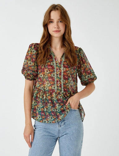 Floral Peplum Blouse in Green - Usolo Outfitters-KOTON