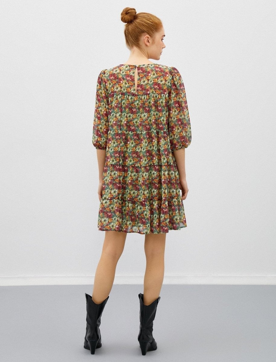 Floral-Print Chiffon Boho Dress in Green - Usolo Outfitters-KOTON
