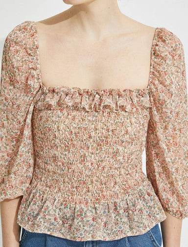 Floral Print Smocked Bodice in Beige - Usolo Outfitters-KOTON