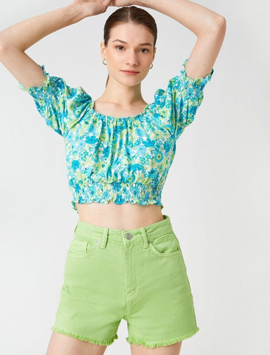 Floral Puff Sleeve Crop Top With Square Neckline - Usolo Outfitters-KOTON