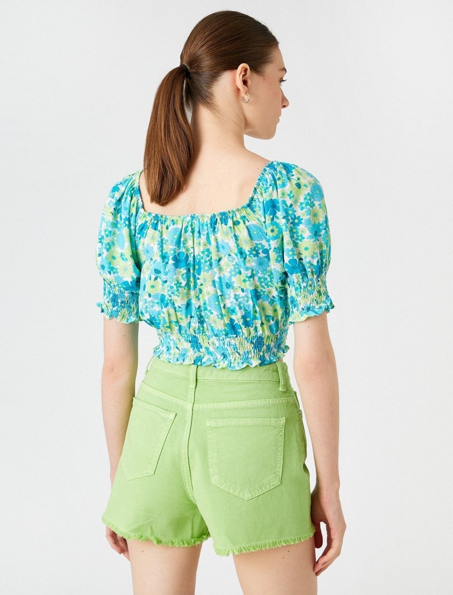 Floral Puff Sleeve Crop Top With Square Neckline - Usolo Outfitters-KOTON