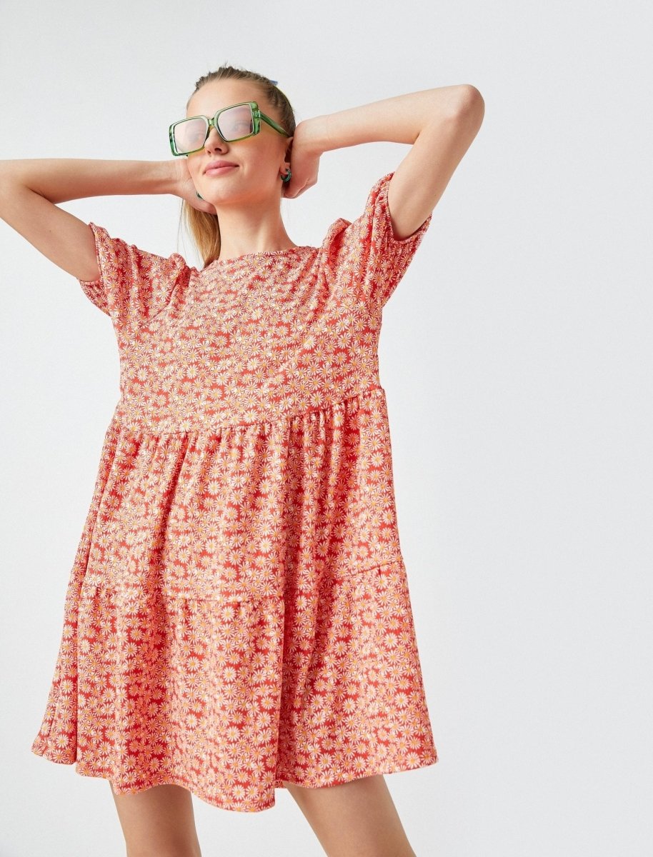 Floral Puff Sleeve Tiered Mini Dress in Clay - Usolo Outfitters-KOTON