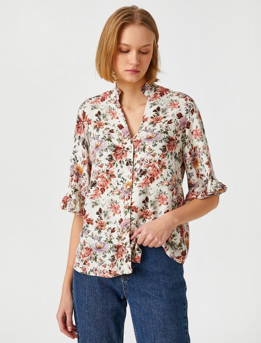Floral Ruffle Shirt Sleeve Blouse in Cream - Usolo Outfitters-KOTON