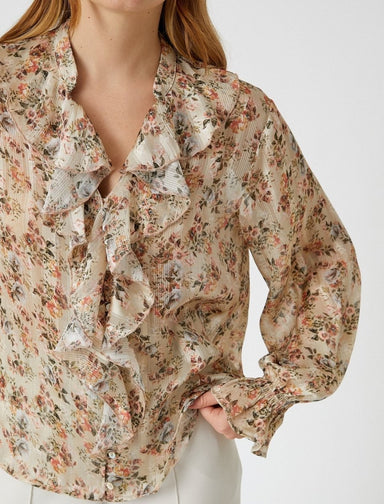 Floral Ruffle V-Neck Blouse in Beige - Usolo Outfitters-KOTON
