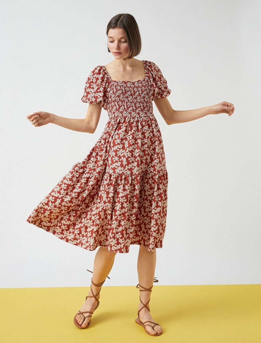 Floral Smocked Puff Sleeve Midi Dress in Brown Floral Smocked Puff Sleeve Midi Dress in Brown