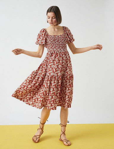 Floral Smocked Puff Sleeve Midi Dress in Brown - Usolo Outfitters-KOTON
