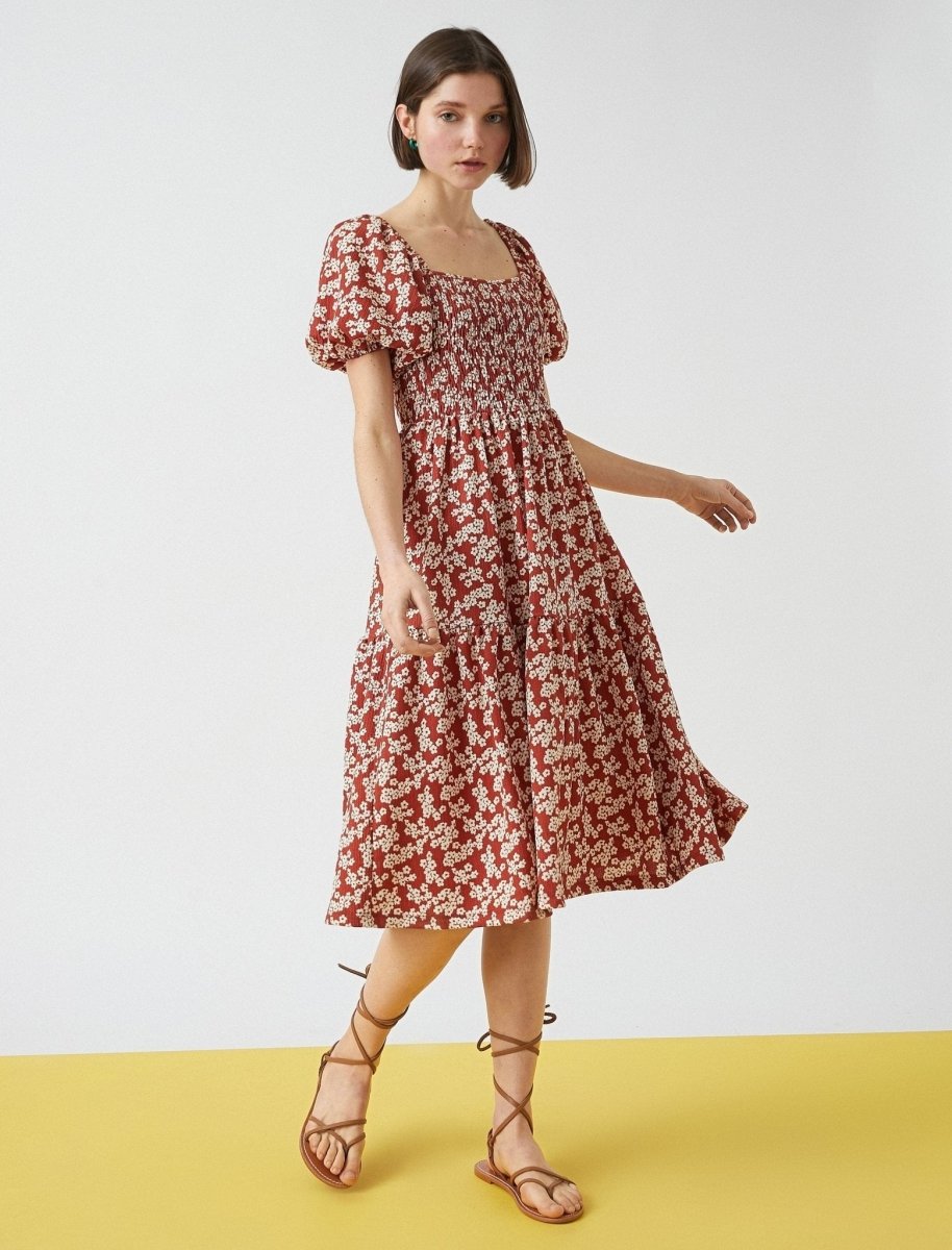 Floral Smocked Puff Sleeve Midi Dress in Brown - Usolo Outfitters-KOTON