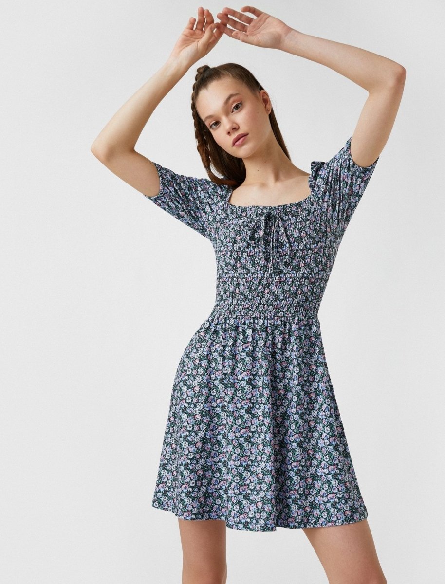 Floral Smocked Puff Sleeve Mini Dress in Blue - Usolo Outfitters-KOTON