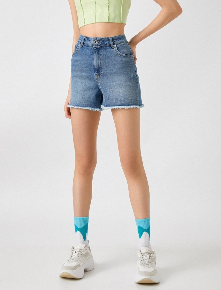 Fray High Waist Jean Shorts in Blue Wash - Usolo Outfitters-KOTON