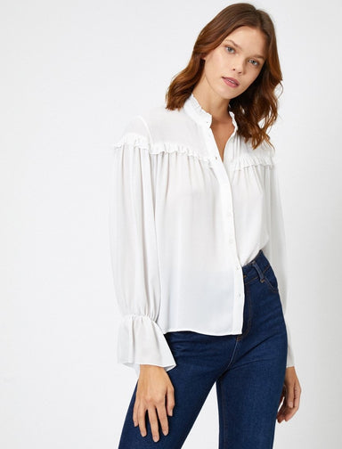 Frilled Yoke Shirt in Cream - Usolo Outfitters-KOTON