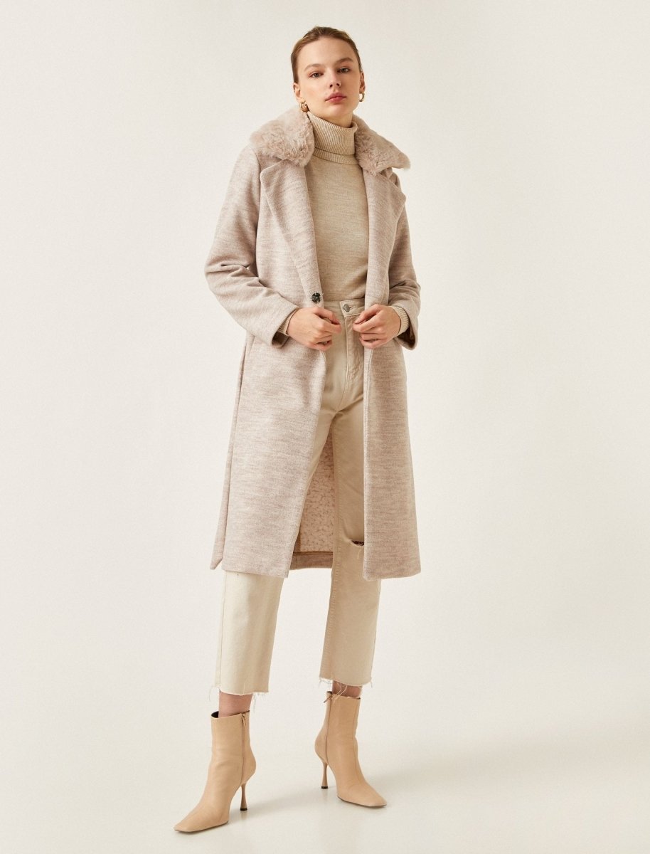 Fur Collar Belted Coat in Beige - Usolo Outfitters-KOTON
