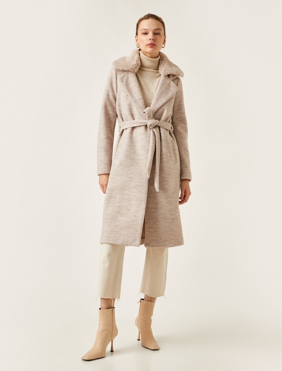 Fur Collar Belted Coat in Beige - Usolo Outfitters-KOTON