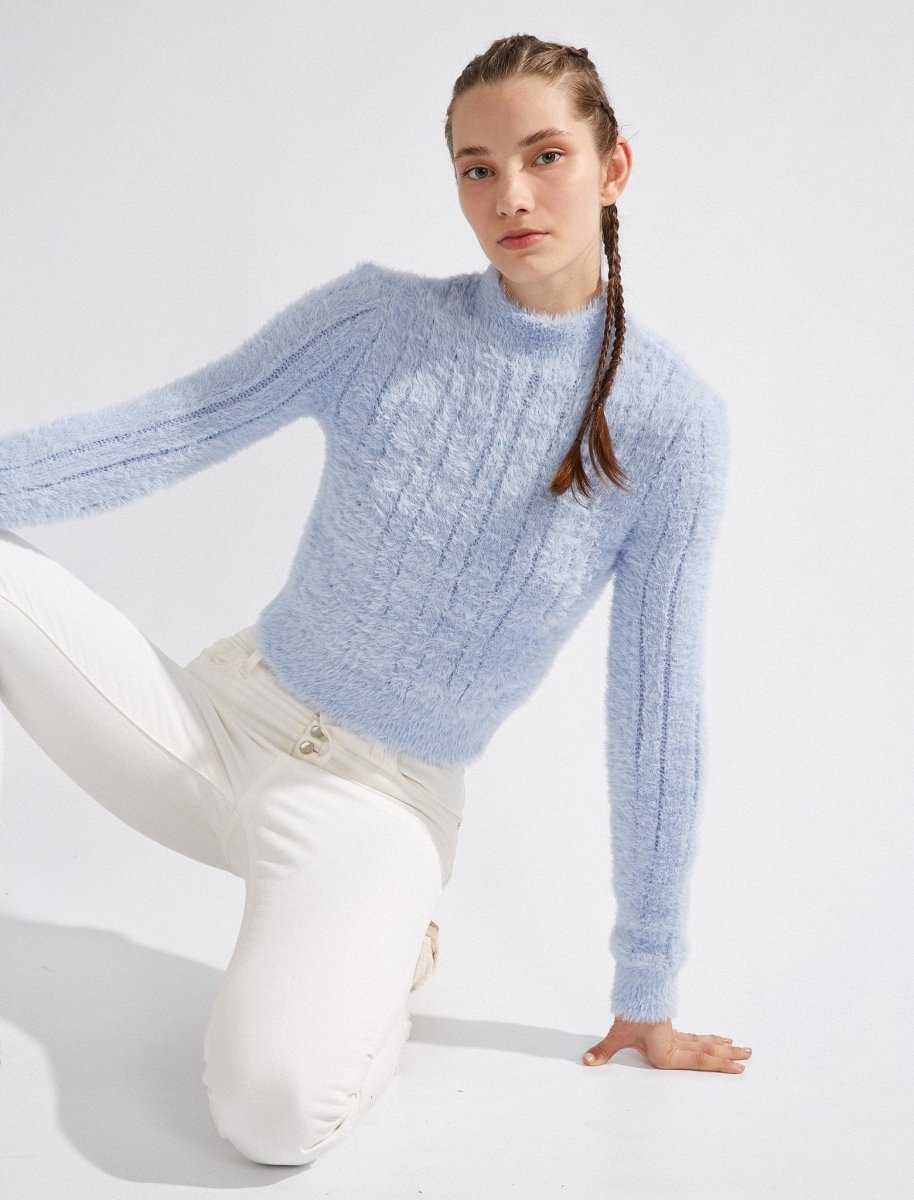 Fuzzy Crew Neck Sweater in Light Blue - Usolo Outfitters-KOTON