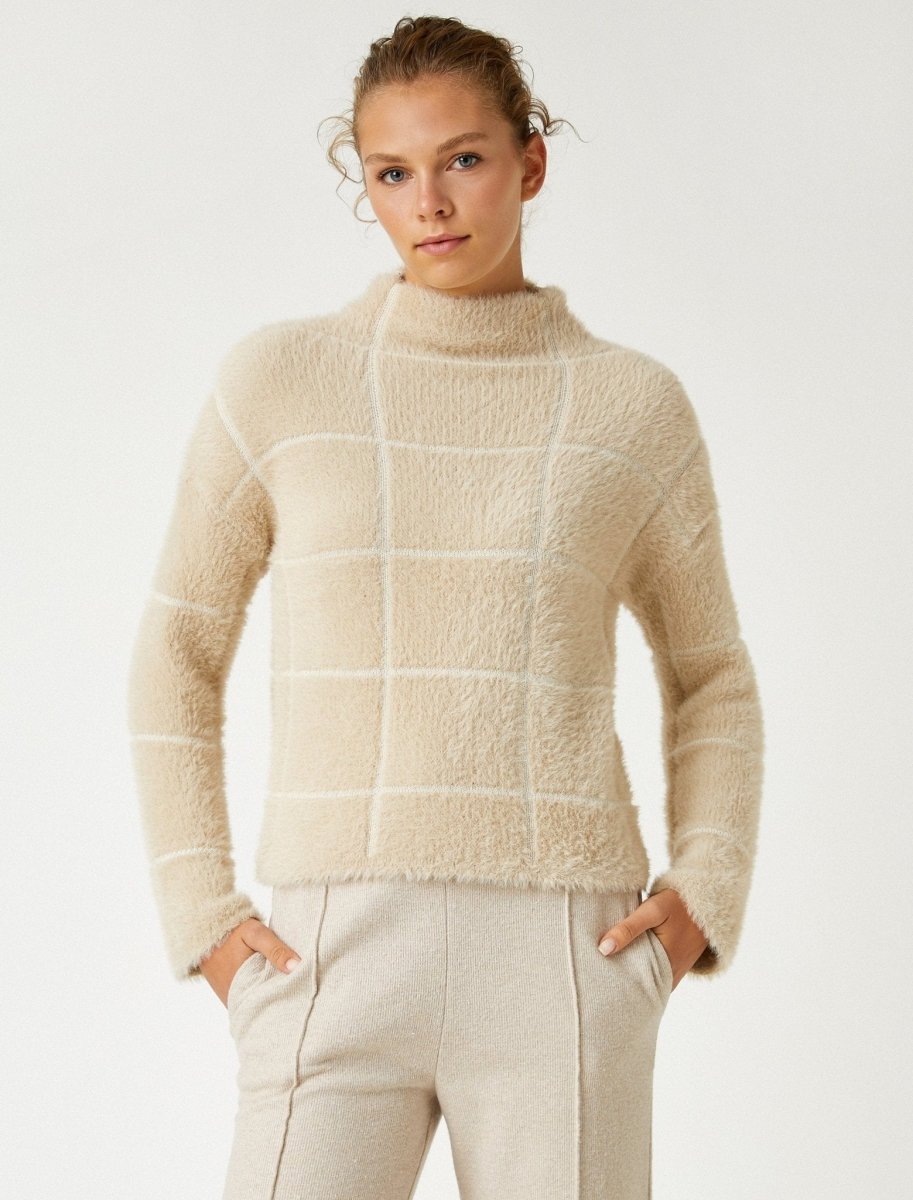 Fuzzy Mock Neck Plaid Sweater in Beige - Usolo Outfitters-KOTON
