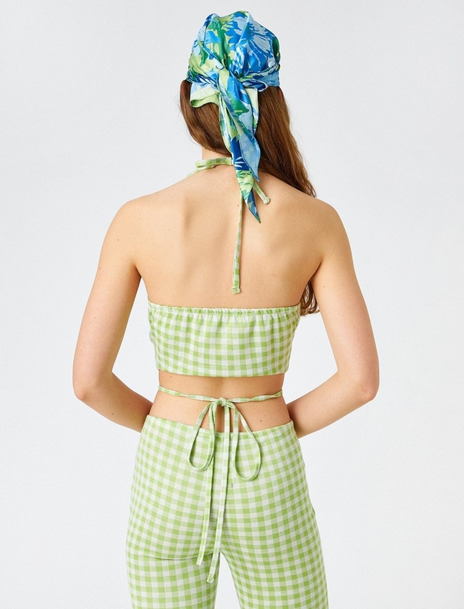 Gingham Tied Backless Halter Top in Green - Usolo Outfitters-KOTON