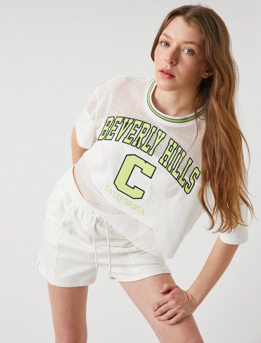 Graphic Boxy Mesh Crop T-shirt in White - Usolo Outfitters-KOTON