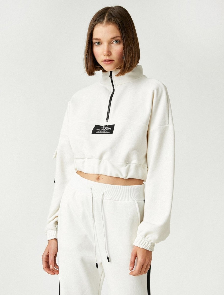 Half Zip Cropped Sweatshirt in White - Usolo Outfitters-KOTON
