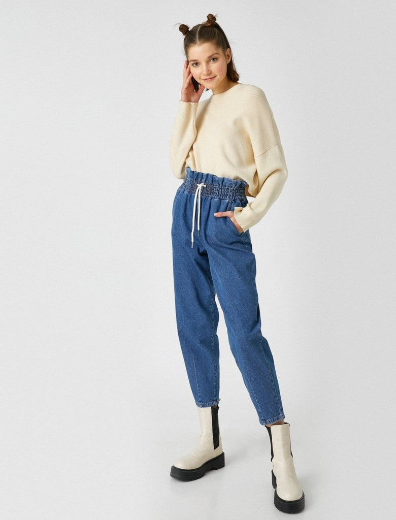 Hi-Waisted Paperbag Jogger Jeans in Indigo - Usolo Outfitters