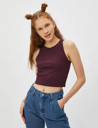 High Neck Crop Tank in Merlot - Usolo Outfitters-KOTON