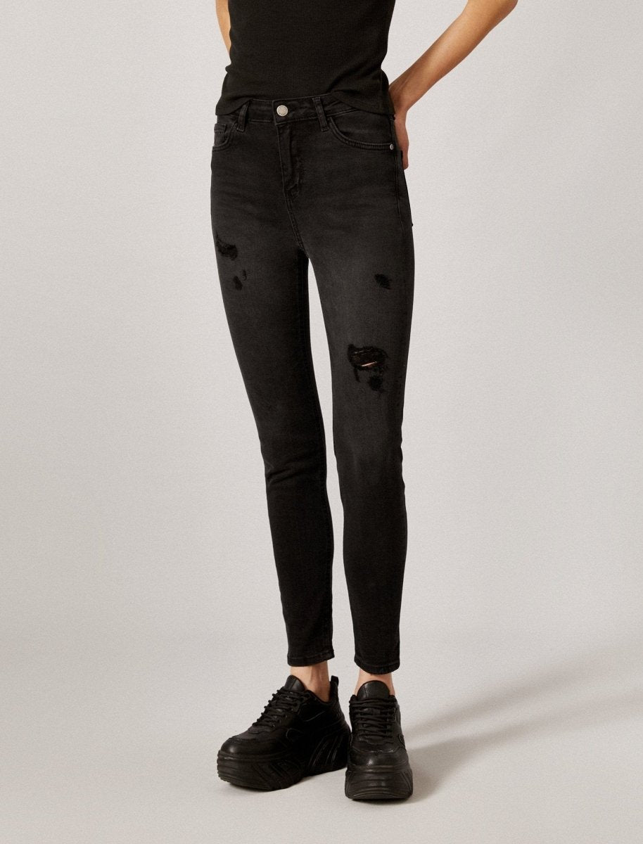 High Rise Destructed Skinny Jeans in Black - Usolo Outfitters-KOTON