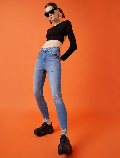 High Rise Destructed Skinny Jeans in Light Indigo - Usolo Outfitters-KOTON