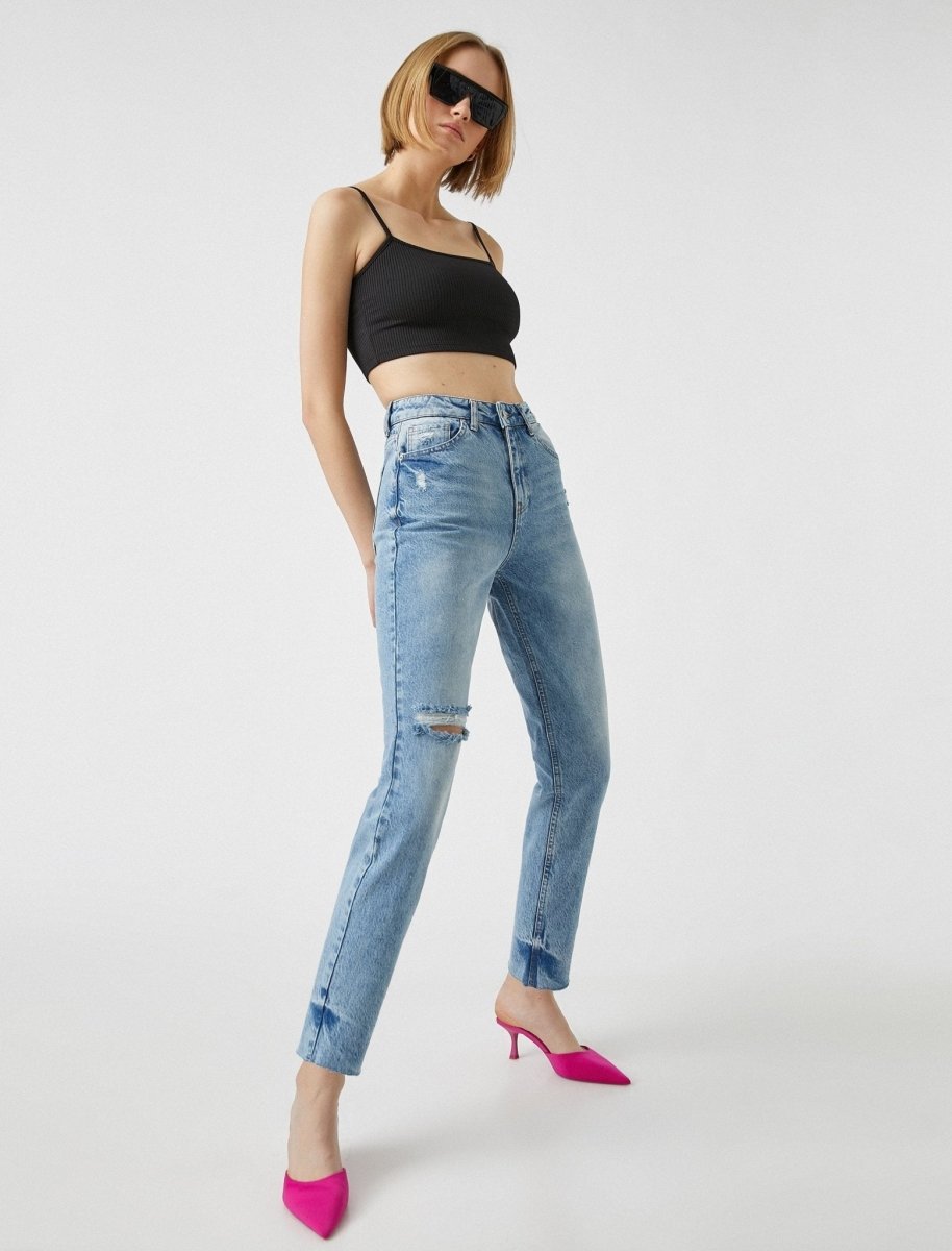 High Rise Mom Jeans in Destructed Light Wash - Usolo Outfitters-KOTON