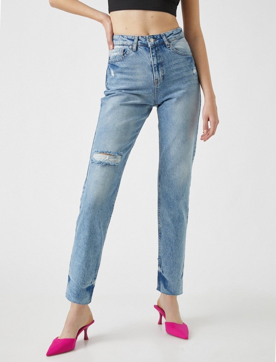 High Rise Mom Jeans in Destructed Light Wash - Usolo Outfitters